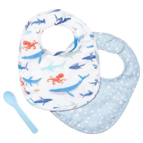 Stephen Joseph 2pc Shark Muslin Bib‎ Set W/Spoon NEW - Picture 1 of 1